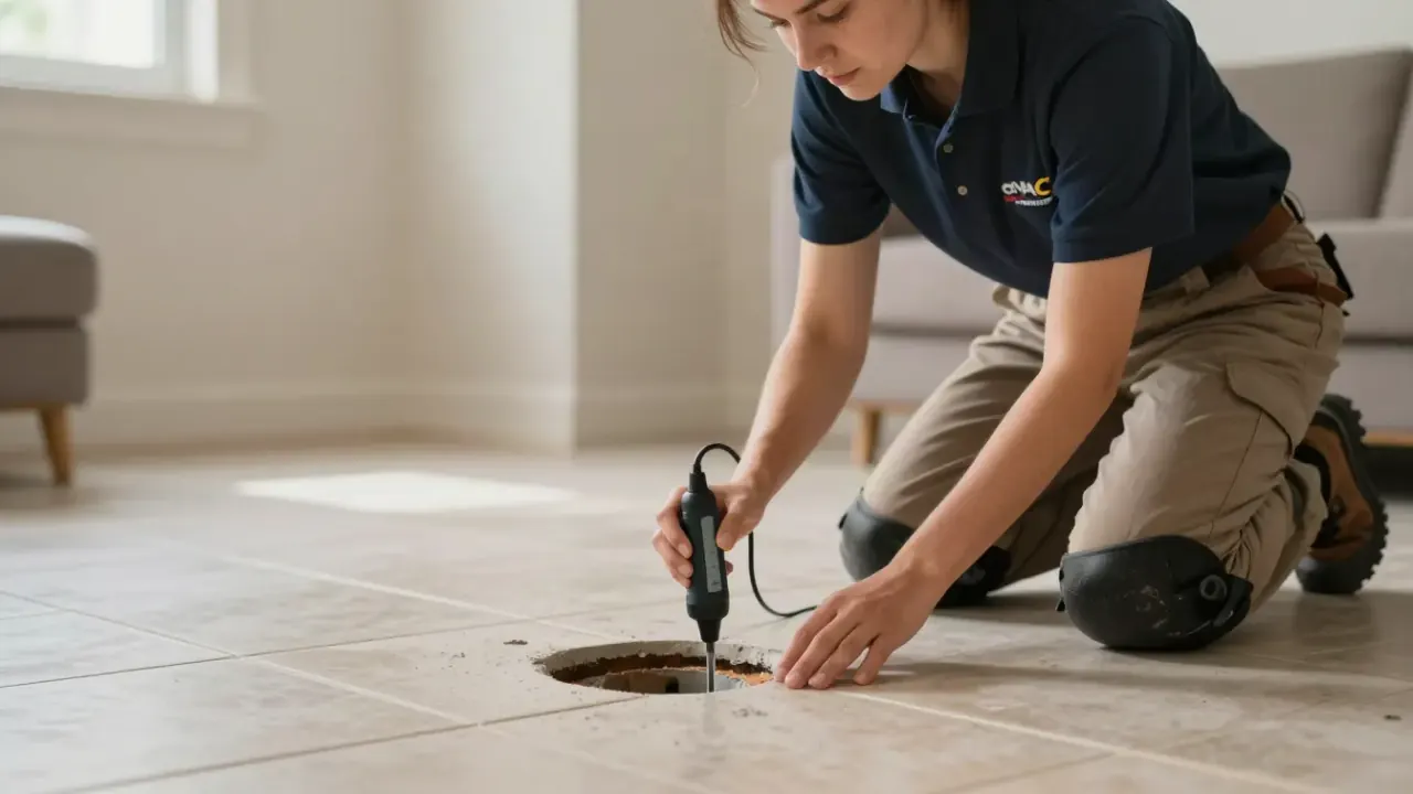 Slab leak detection in greenacres: leak detection specialist is meticulously scanning a ceramic tile floor in a living room
