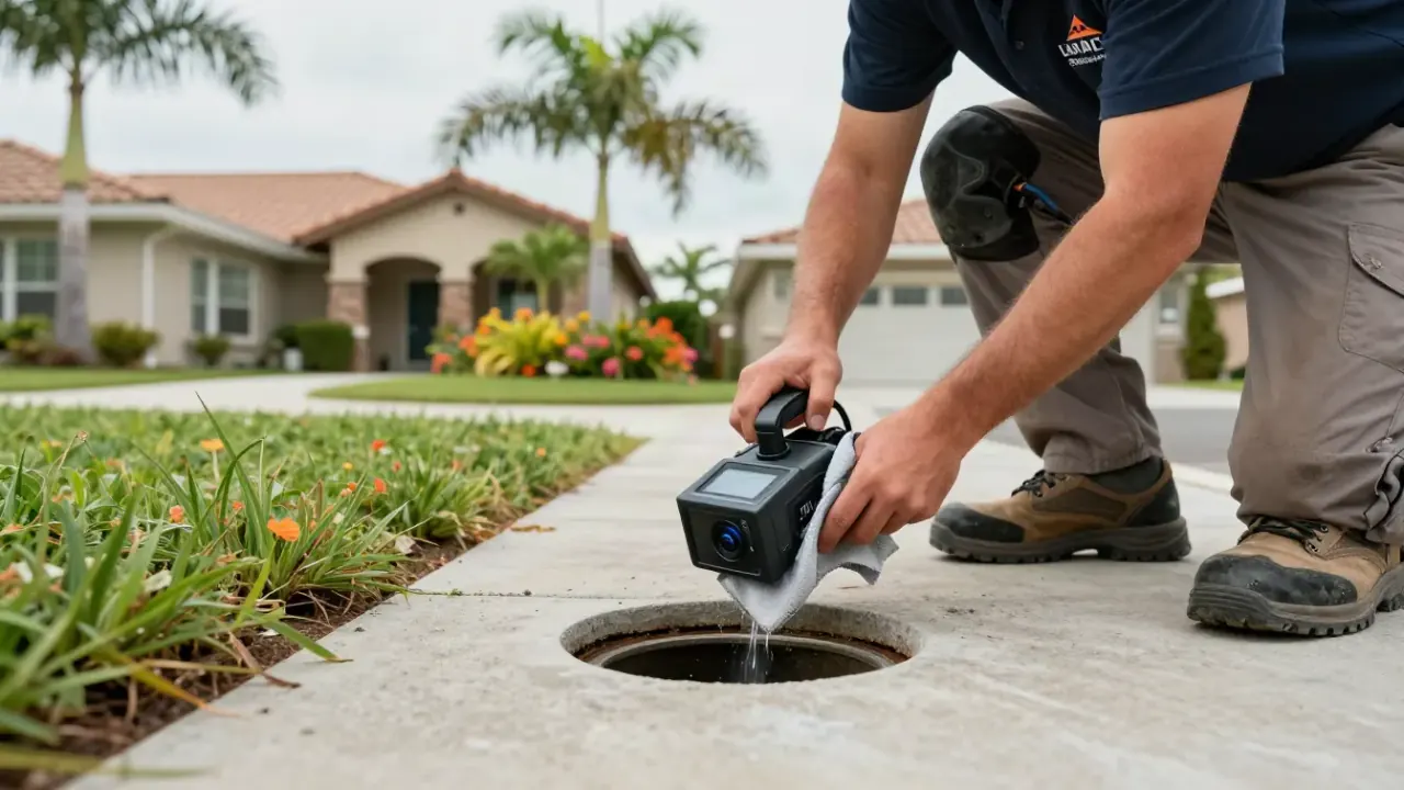 Pipe Inspection Services in greenacres: leak detection specialist is retrieving a pipe inspection camera from an access