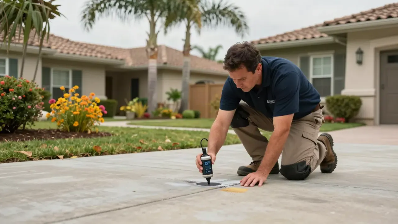 Leak Location Services in greenacres: leak detection specialist is marking a precise spot on a concrete patio with spray