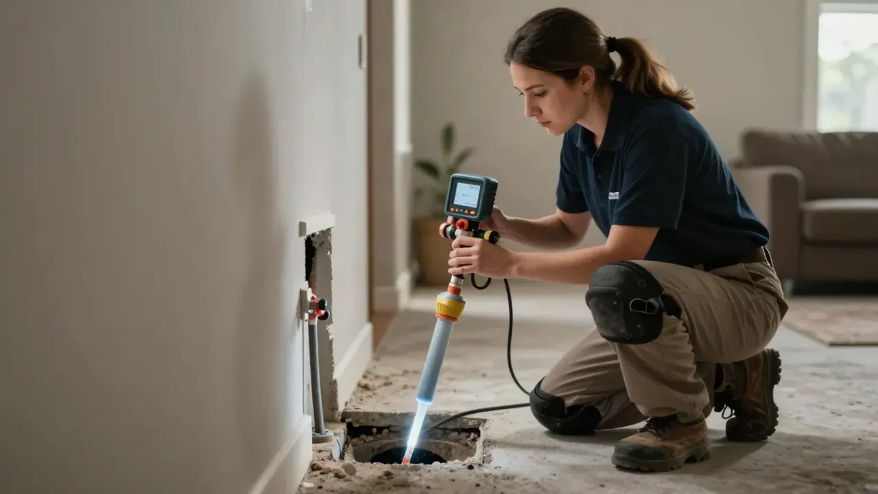Slab Leak Detection in greenacres: leak detection specialist is injecting a non-toxic tracer gas into a water line using a
