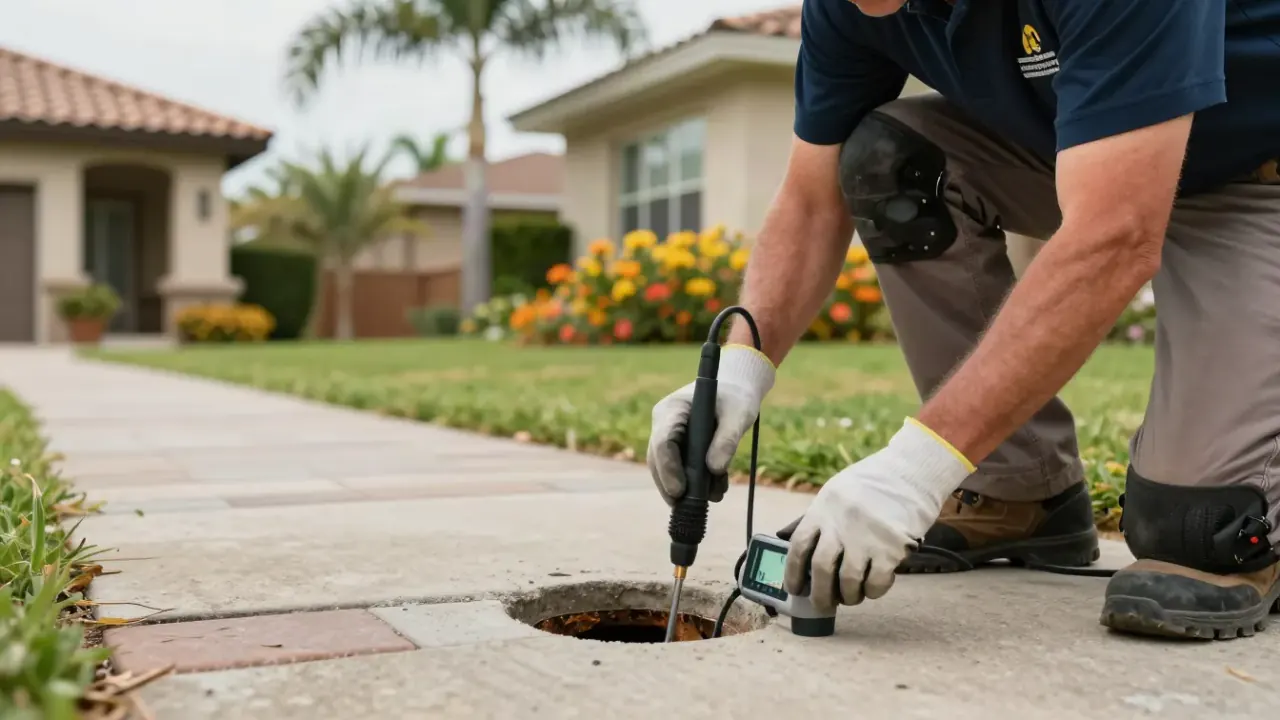Slab leak detection in greenacres: leak detection specialist is using a ground microphone to listen for leaks on a paved