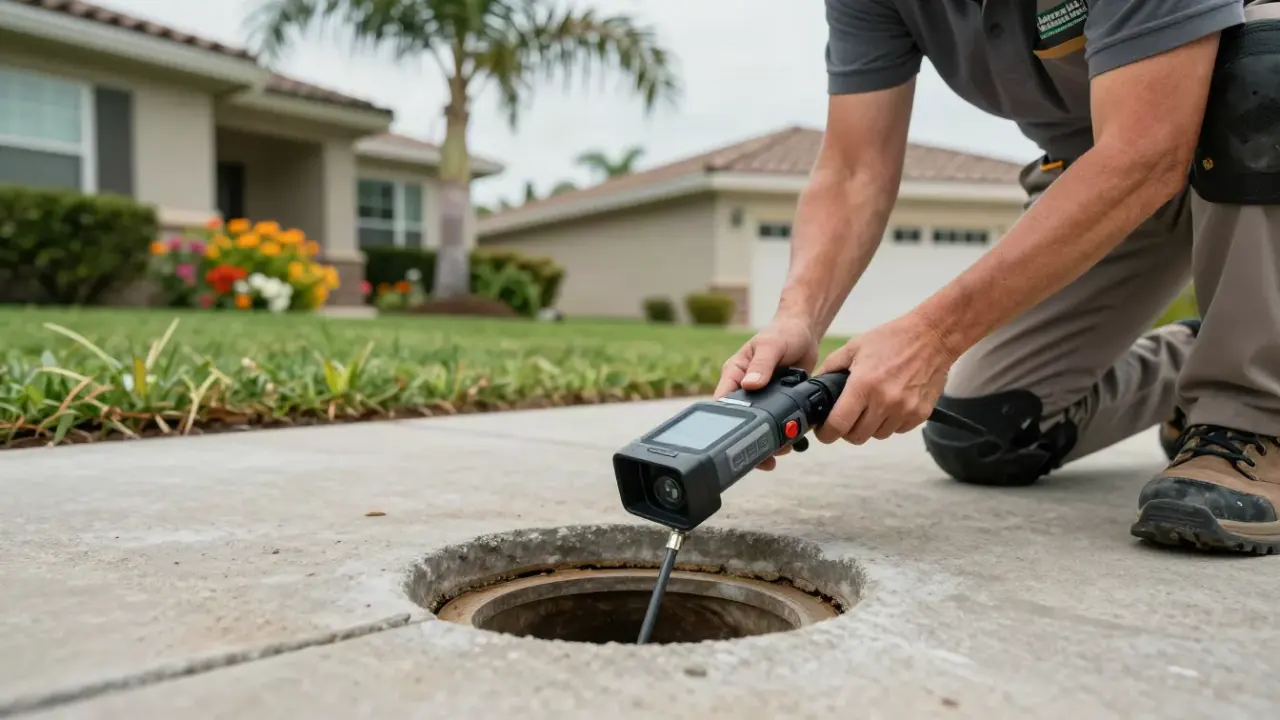 Slab leak detection in greenacres: close-up of a pipe inspection camera being carefully inserted into a drain line access